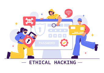 Ethical Hacking Illustration featuring a Developer Practicing Hacking on a Web Application, Identifying Code Vulnerabilities to Improve Cybersecurity