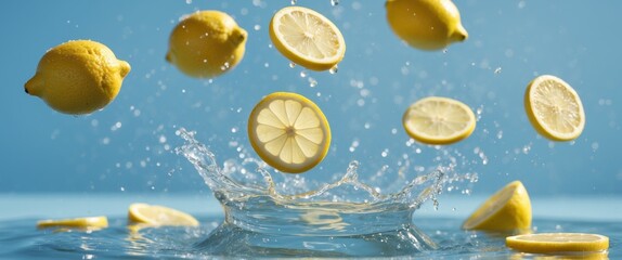 Fresh lemons and lemon slices splashing in water on blue background.
