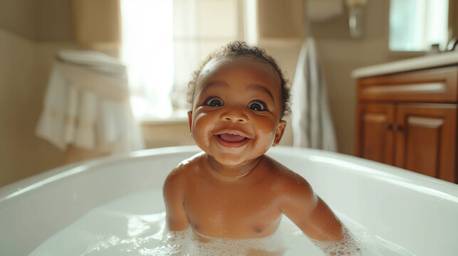 bebe en el ba&ntilde;o sonriendo