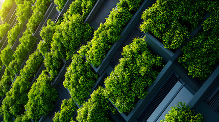 Green Living Wall on Modern Building Exterior with Lush Vegetation and Geometric Design in Natural Sunlight