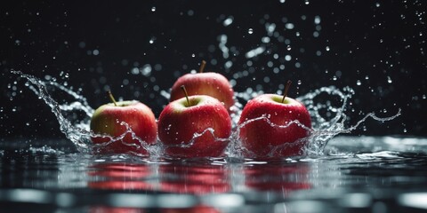 Red Apples Splashing in Water on Black Background.