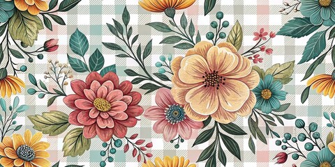 Fototapeta premium Elegant Buffalo Check Floral Pattern Design, Floral Buffalo Plaid Background, Checkered Flower Textile Print, Pretty Flower Check Fabric