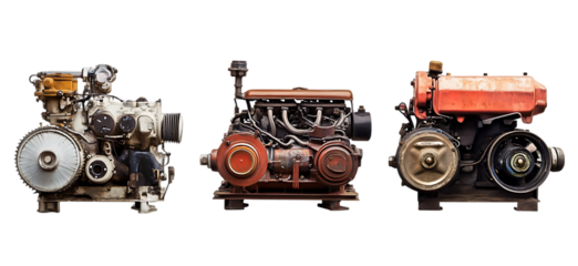 Three Vintage Industrial Diesel Engines Powerful Machines old red set gear grey motor     