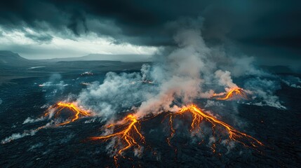 Volcanic landscapes concept. Dramatic aerial view of a volcanic eruption with flowing lava and smoke clouds.