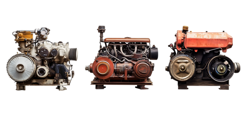 Three Vintage Industrial Diesel Engines Powerful Machines old red set gear grey motor     