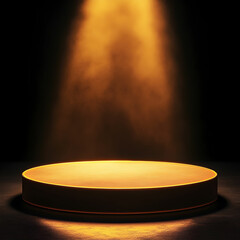 A glowing gold light illuminates a round podium against a dramatic black background, creating a striking contrast