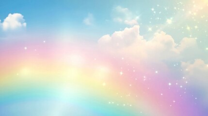 Pastel rainbow arc in a dreamy sky with clouds and sparkling lights.