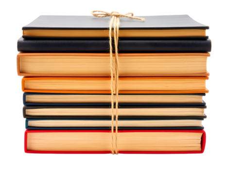 Stack of books tied with rope, isolated on a transparent background