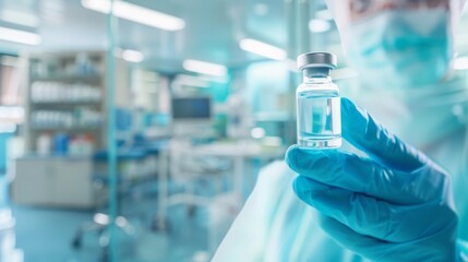 Healthcare professional holding vaccine vial in modern clinic, symbolizing public health efforts and vaccine coverage.