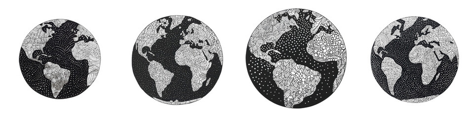 Set of abstract monochrome world globe in minimal shapes silhouettes and patterns  Minimalist globe maps showing continents countries and borders in black and white graphic design style