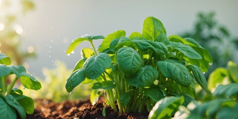 Fresh spinach growing in a home garden with steaming soil and greenery in the background