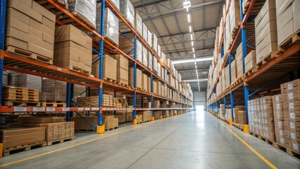 Fototapeta premium Empty Warehouse Aisle with Stacked Cardboard Boxes on Shelves, Industrial Storage Space, Logistics and Supply Chain Management, Efficient Organization of Goods, Warehouse Interior Design