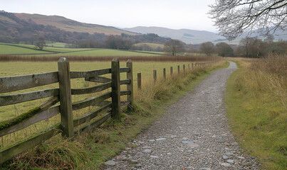 Weathered wooden fence in tranquil meadow with distant hills and natural serenity