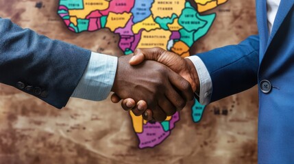 Two individuals shake hands in front of a colorful map of Africa, symbolizing collaboration and unity across the continent.