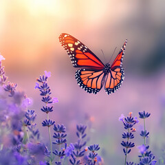 A butterfly is flying over a field of purple flowers