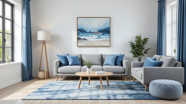 Serene coastal living room with blue accents, interior design visualization