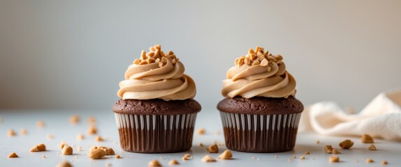 Decadent chocolate peanut butter cupcakes topped with creamy frosting and nuts