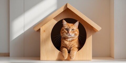 Cozy wooden cat house with a playful orange tabby inside.