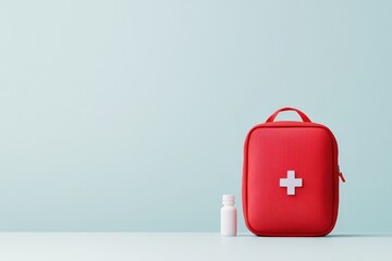 Red first aid bag sits next to small bottle, symbolizing pet hea