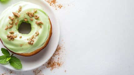 Bright green donut topped with glossy icing and decorative gold flakes sits on a white plate, surrounded by crumbs and mint leaves in a clean studio setting