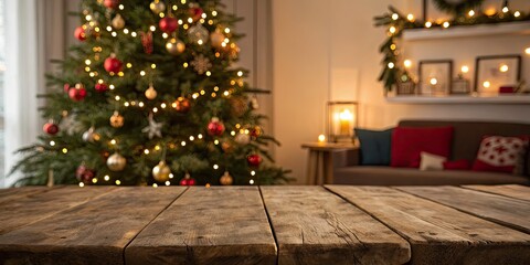 Festive Wood Table Display with Christmas Tree and Fairy Lights in a Cozy Living Room