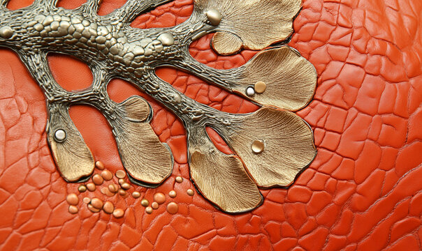 Coral leaves and metallic charms accent a rich leather surface for stylish elegance