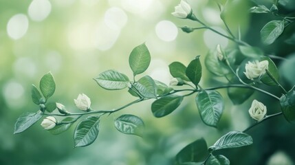 Obraz premium Green Leaves and Budding Flowers Branch