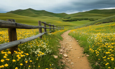 Fototapeta premium Timber rail fence on windy hills with scattered wildflowers and open landscape