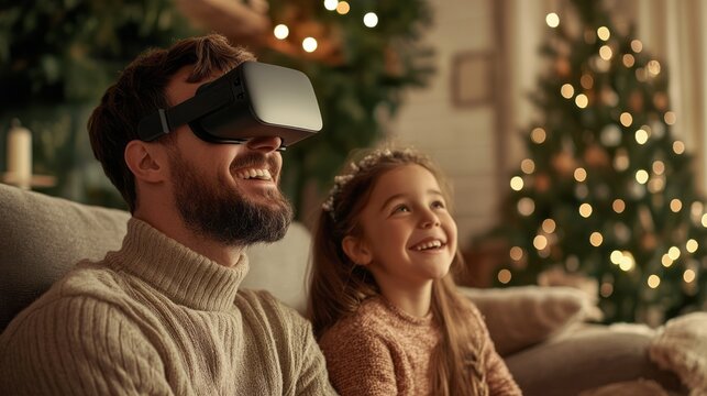 Cinematic photograph of a father and daughter smiling while wearing VR headsets, sitting on a couch in the living room with a Christmas tree behind them.
