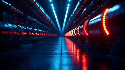 Illuminated Industrial Tunnel with Red and Blue Lights Reflecting on Wet Floor