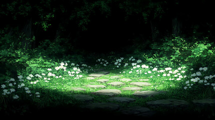 Enchanted Garden Path with Glowing Daisies Under Moonlight Serenity and Tranquil Night Ambiance