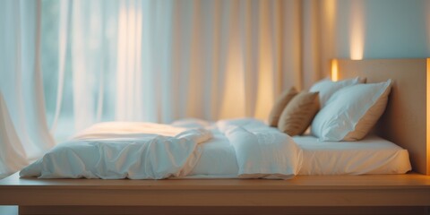 Cozy Low Platform Bed in Ambient Bedroom Lighting