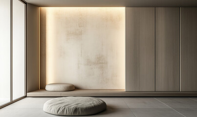 Zen-inspired room with soft beige walls and sliding doors for tranquil atmosphere