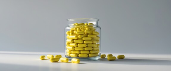 Bright Yellow Capsules in Glass Jar on Surface