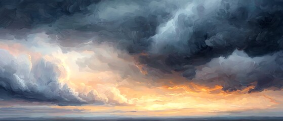 Fototapeta premium Reflective cloud artwork, layered skies with soft rain and introspective tones