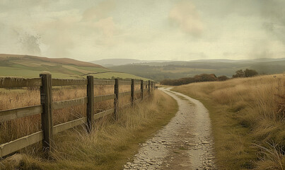 Obraz premium Weathered wooden fence in tranquil meadow with distant hills and natural beauty