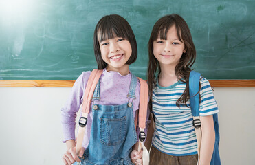 Portrait of young happy little asian toddler student girls with backpack isolated on yellow...