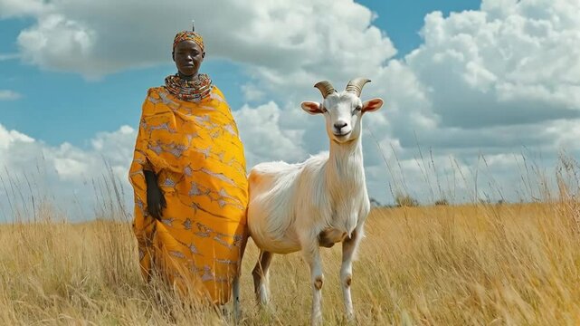 The girl laughed joyfully as she played with the goat, enjoying their carefree afternoon together.