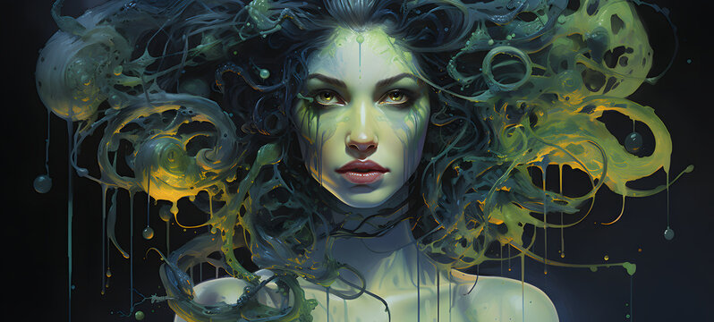 crea una chica estilo medusa efecto fosforito y ne&oacute;n