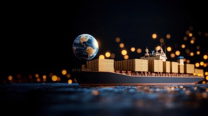 A cargo ship with containers on board sails through the ocean against a black background, representing maritime security, global trade, and ship security in secure maritime operations