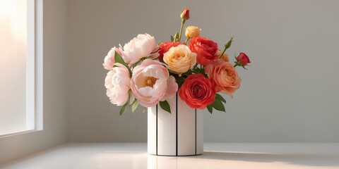 Soft peonies and vibrant roses arranged in a simple vase on a smooth white surface with gentle lighting