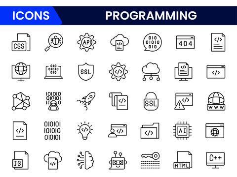 Programming and coding icon set. Software development icon collection. Contains such Icons as code, api, programmer, developer, information technology, coder and more