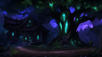 Obraz premium Enchanted Nightscape Building Under Ancient Mystical Tree With Glowing Crystals Fantasy Scene