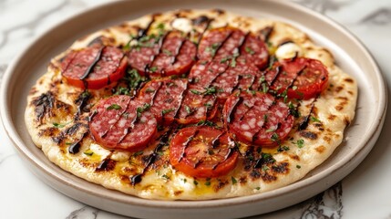 A delicious pizza topped with sliced tomatoes and sausage, garnished with herbs.