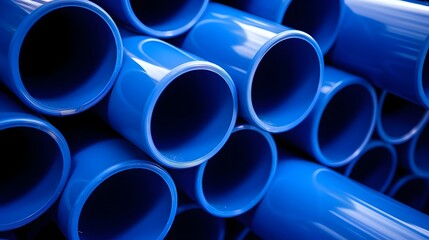 A detailed shot of neatly stacked and organized blue PVC pipes highlighting the precise engineering and construction materials used in industrial and infrastructure projects