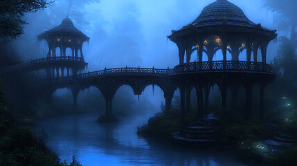 Enchanting Gazebos Connected by Mystical Bridge over Calm River in Dreamy Forest Environment