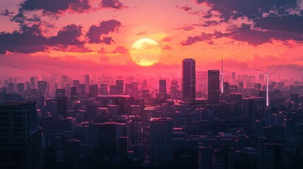 Fototapeta premium Breathtaking Sunset Over Urban Cityscape with Clouds and Silhouettes