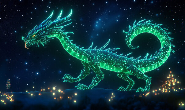 Artful rendering of a dragon illuminated with neon green for dynamic visual appeal