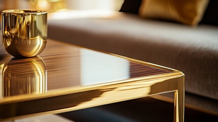 Stylish coffee table with golden accents and a decorative mug in a modern living room setting