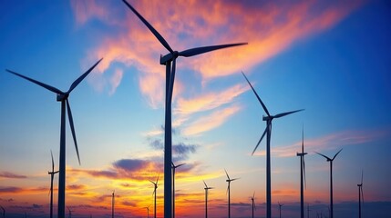 Fototapeta premium Wind Turbines Against Vibrant Sunset Sky in Renewable Energy Landscape